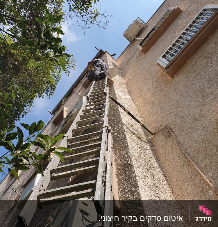 אדם על סולם ליד קיר עם דלי ביד